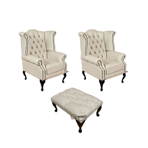 Chesterfield 2 x Queen Anne Chairs+footstool Leather Sofa Suite Offer Ivory
