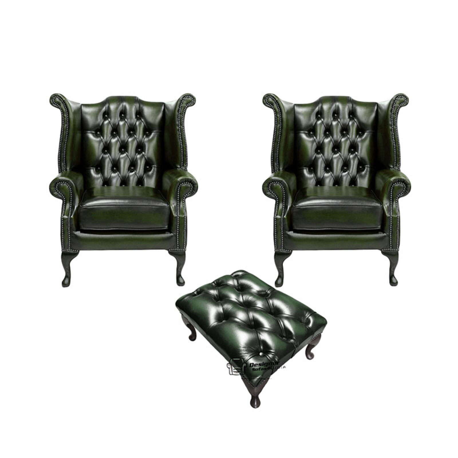 Product photograph of Chesterfield 2 X Queen Anne Chairs Footstool Leather Sofa Suite Offer Antique Green from Designer Sofas 4U