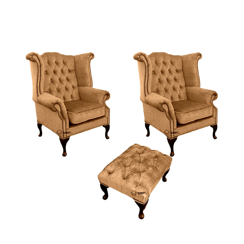 Product photograph of Chesterfield 2 X Queen Anne Chairs Footstool Harmony Gold Amp Hellip from Designer Sofas 4U