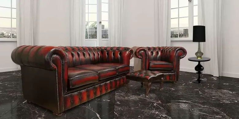 Chesterfield 3 Seater + Club Chair + Footstool Real Antique Leather Suite Offer