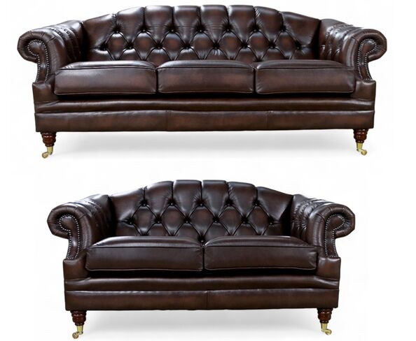 Chesterfield Victoria 3+2 Leather Sofa Suite Antique Brown Leather