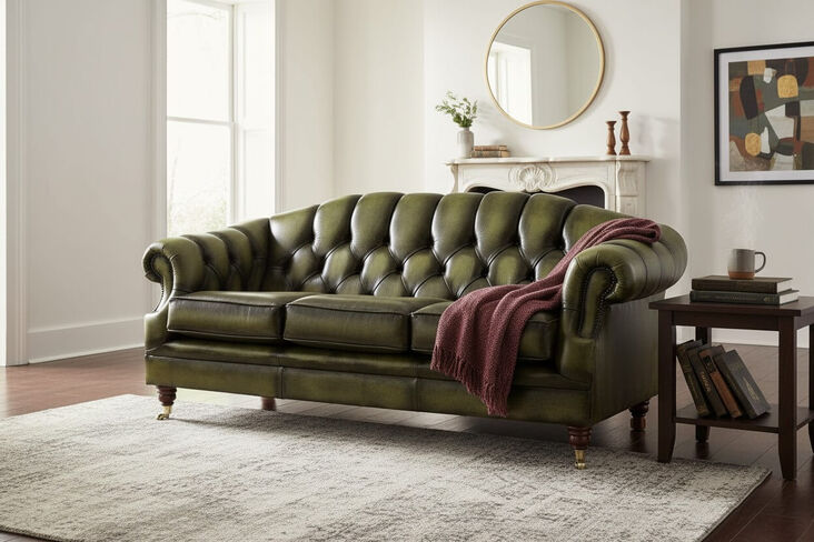 Chesterfield Victoria 3 Seater Leather Sofa Settee Antique Olive Leather