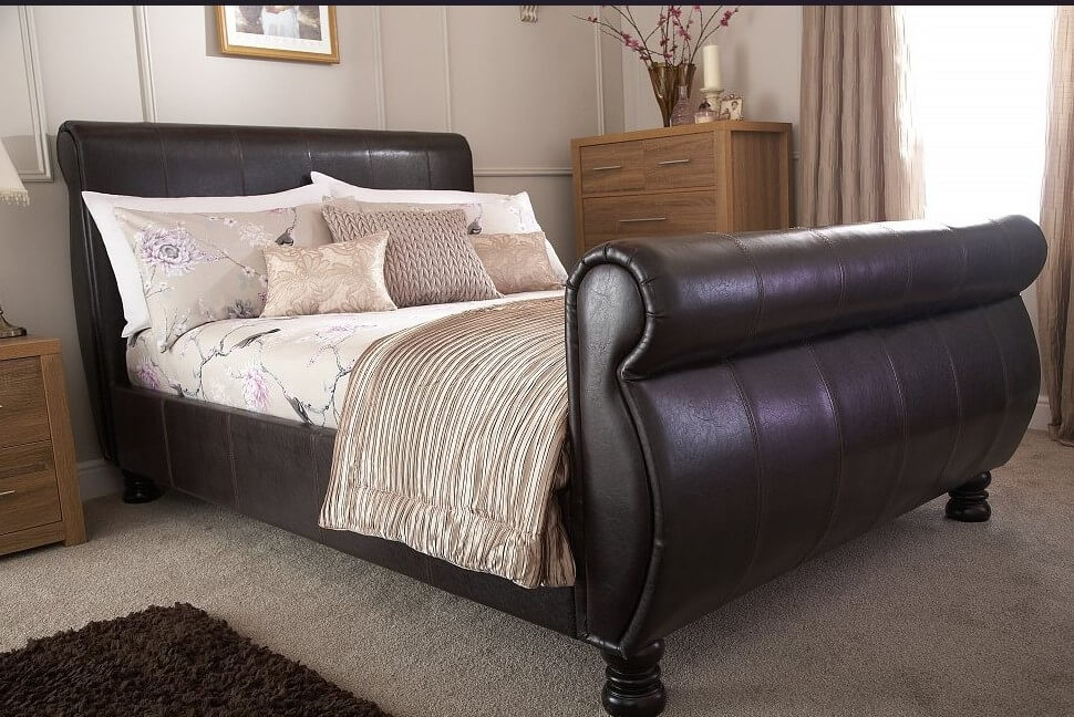 Double Bed Brown Faux Leather, Leather Sleigh Bed Double