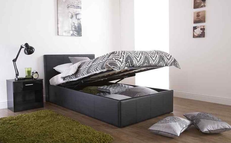 End Lift Double Ottoman Storage Black Faux Leather Bedstead