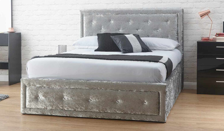 Hollywood Diamante Double Ottoman Storage Bed Silver Velvet