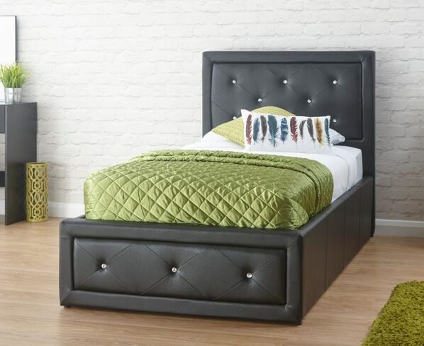 Hollywood Diamante Single Ottoman Storage Bed Black Faux Leather