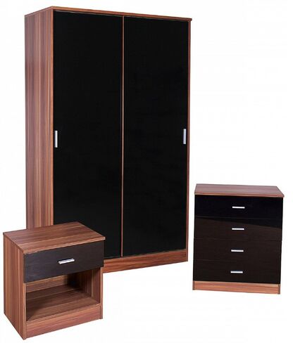 Ottawa Black High Gloss And Walnut Sliding Wardrobe 3 Piece Bedroom Set