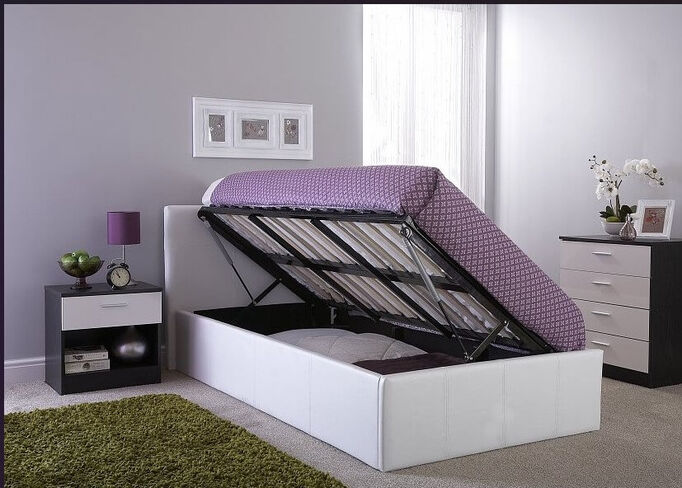 Side Lift Kingsize Ottoman Storage Bed White Faux Leather