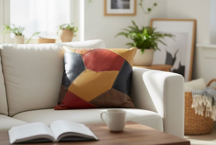 Handcrafted Patchwork Decorative Leather Throw Pillow – Modern Accent Cushion