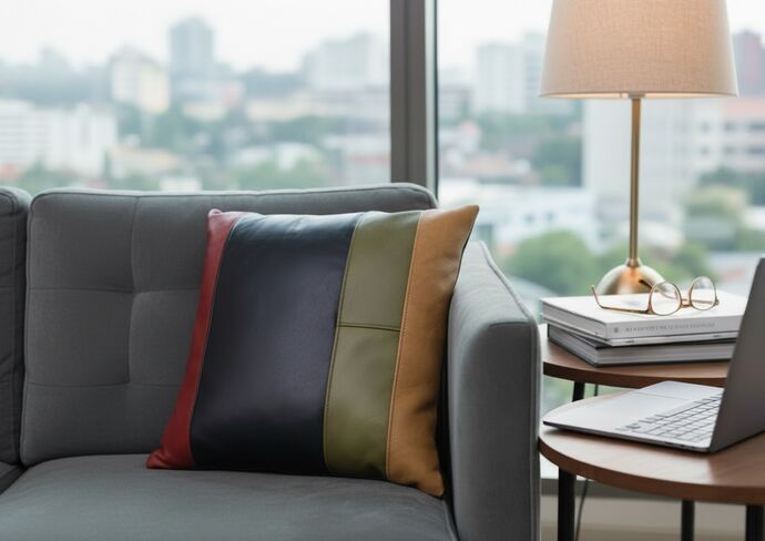 Handcrafted Stripe Patchwork Decorative Leather Throw Pillow – Modern Accent Cushion