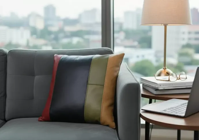 Handcrafted Stripe Patchwork Decorative Leather Throw Pillow – Modern Accent Cushion