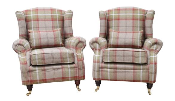 2 x Wing Chair Fireside High Back Armchairs Balmoral Pistachio Check Fabric P&S