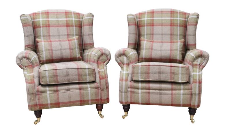 2 x Wing Chair Fireside High Back Armchairs Balmoral Heather Check Fabric P&S