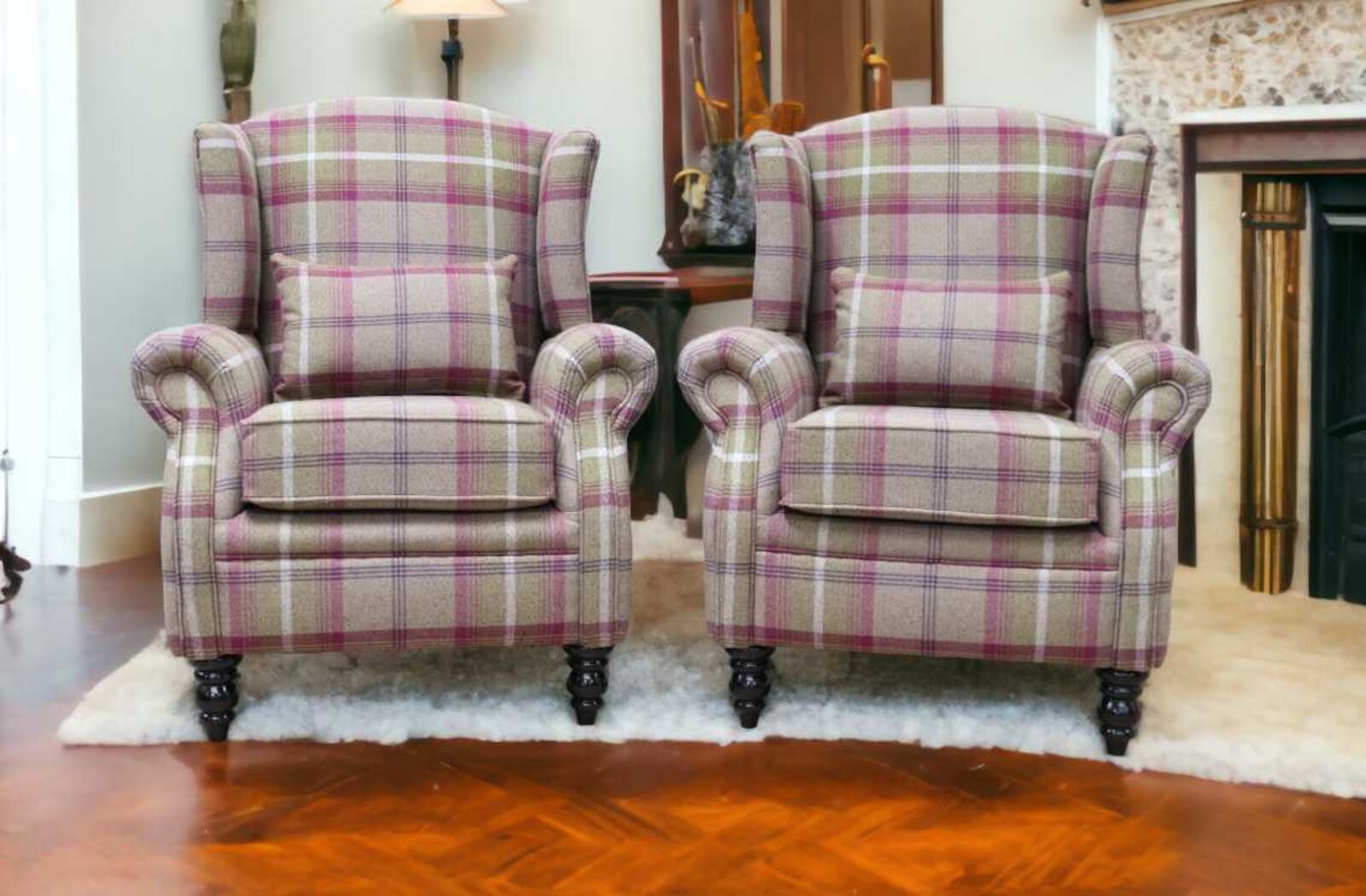 Product photograph of 2 X Wing Chair Fireside High Back Armchairs Balmoral Heather Check Fabric P Amp S from Designer Sofas 4U
