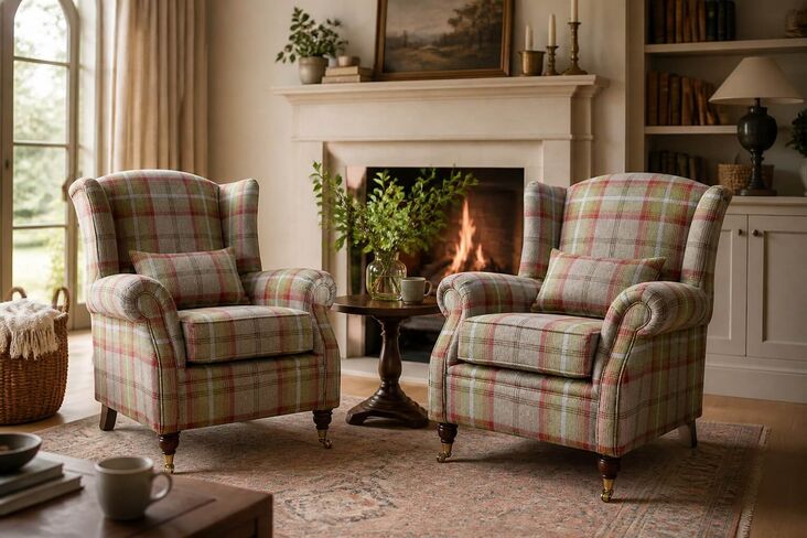 Pair Of Wing Chairs Fireside High Back Armchairs Balmoral Rust Check Fabric P&S