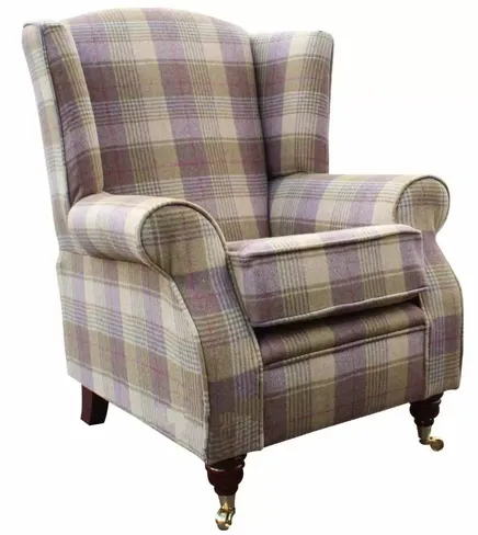 Arnold Wool Tweed Wing Chair Fireside High Back Armchair Hunting Tower Grape Check Fabric