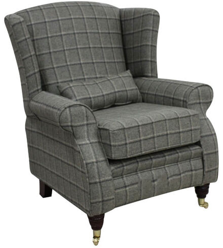 Arnold Wool Tweed Wing Chair Fireside High Back Armchair Harewood Graphite Check Fabric