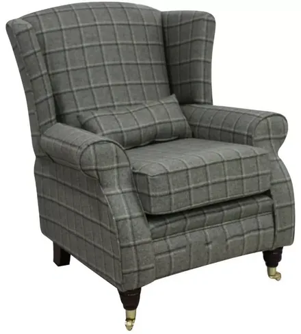 Arnold Wool Tweed Wing Chair Fireside High Back Armchair Harewood Graphite Check Fabric