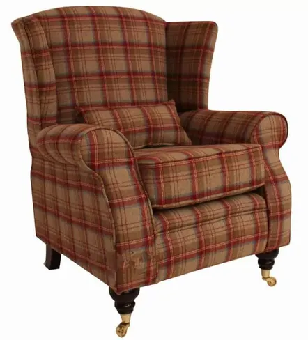 Arnold Wool Tweed Wing Chair Fireside High Back Armchair Heritage Scarlet Check Fabric