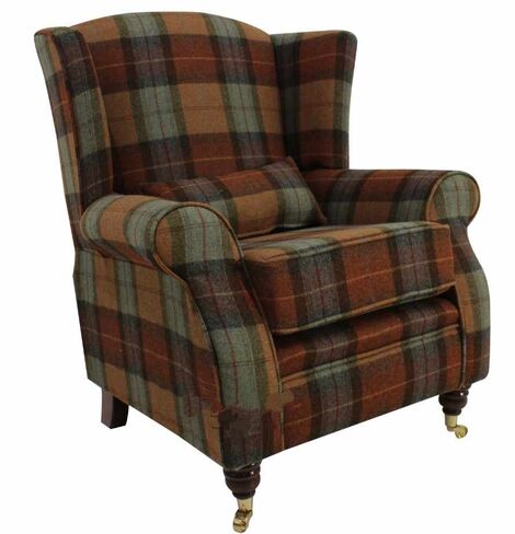 Wool Tweed Wing Chair High Back Armchair Skye Burnt Orange Check Wool
