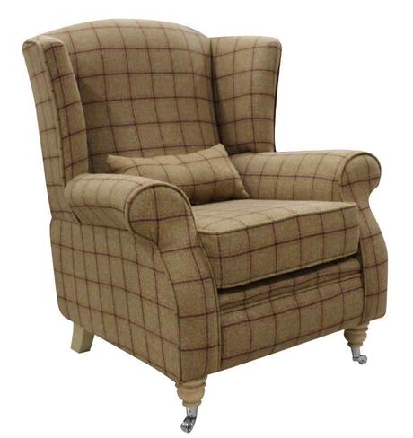 Arnold Wool Tweed Wing Chair Fireside High Back Armchair Althrop Mandarin Check Fabric