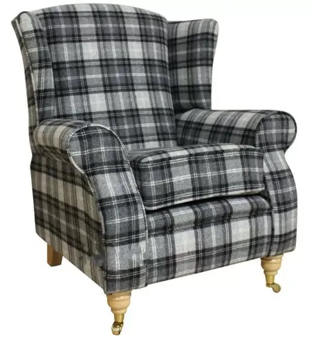 Arnold Wool Tweed Wing Chair Fireside High Back Armchair Fernie Grey Check Fabric