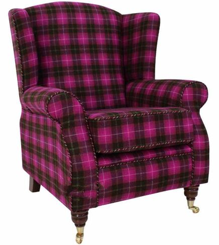 Arnold Wool Tweed Wing Chair Fireside High Back Armchair Wimbledon Multi Pink Check Fabric