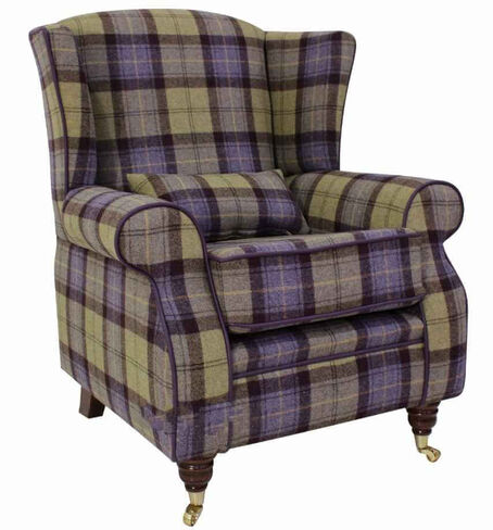 Arnold Wool Tweed Wing Chair Fireside High Back Armchair Plaid Blackberry Crumble Check Fabric