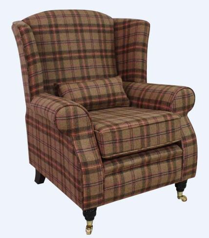 Arnold Wool Tweed Wing Chair Fireside High Back Armchair Nunnington Geranium Check Fabric