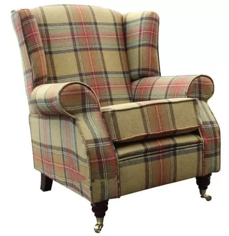 Arnold Wool Tweed Wing Chair Fireside High Back Armchair Beningborough Goldcrest Check Fabric
