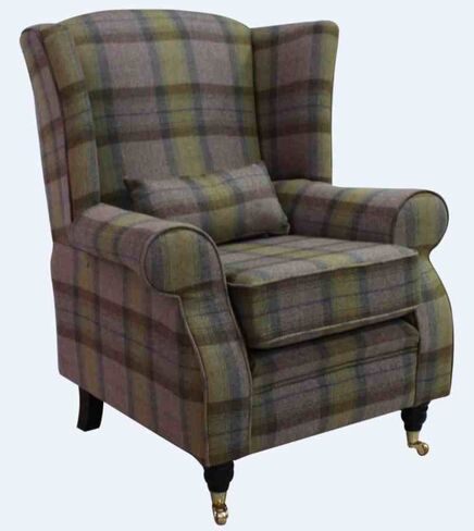 Arnold Wool Tweed Wing Chair Fireside High Back Armchair Wool Plaid Olive Grove Check