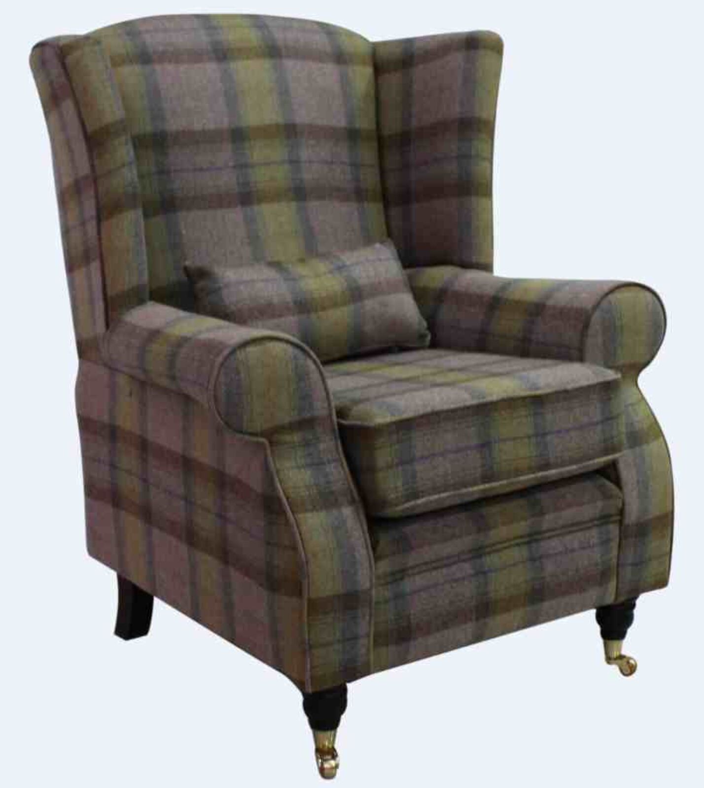 Product photograph of Arnold Wool Tweed Wing Chair Fireside High Back Armchair Wool Plaid Olive Grove Check from Designer Sofas 4U