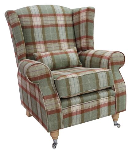 Arnold Wool Tweed Wing Chair Fireside High Back Armchair Skye Agate Check Tartan