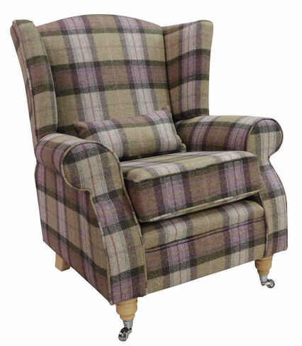 Arnold Wool Tweed Wing Chair Fireside High Back Armchair Skye Moonstone Check Tartan