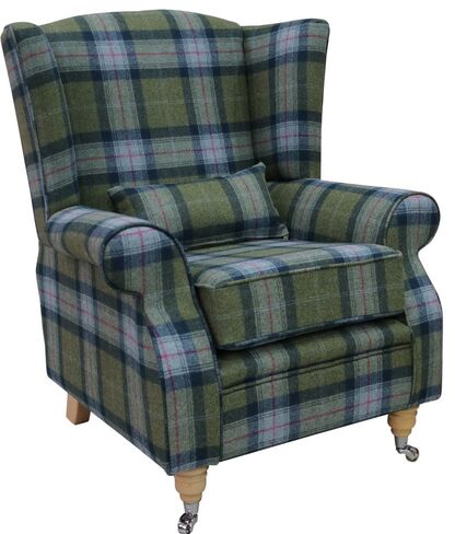 Arnold Wool Tweed Wing Chair Fireside High Back Armchair Skye Olivine Check Tartan