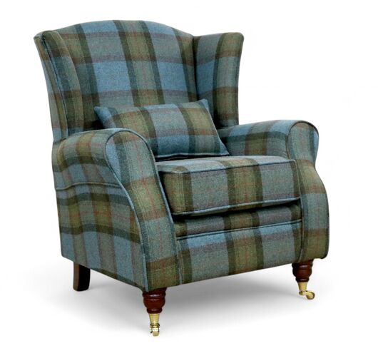 Arnold Wool Tartan Wing Chair Fireside High Back Armchair Skye Sea Check