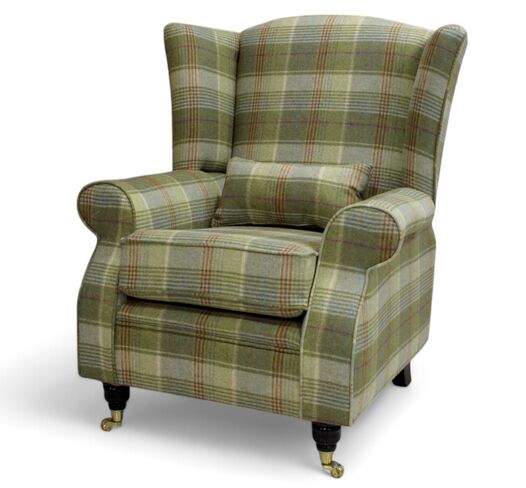 Arnold Wool Tweed Wing Chair Fireside High Back Armchair Hunting Tower Hemp Check Fabric