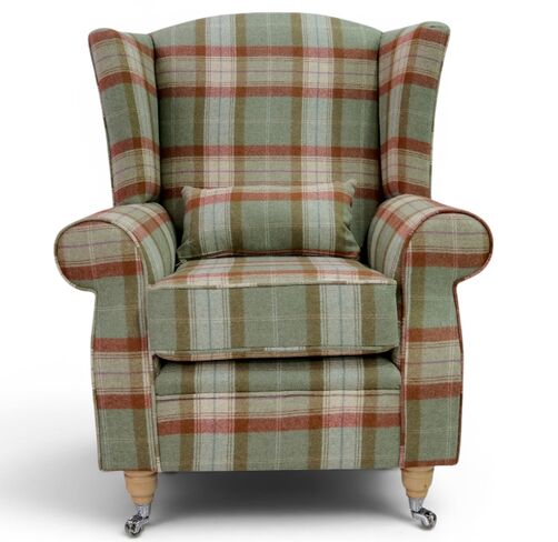 Arnold Wool Tweed Wing Chair Fireside High Back Armchair Skye Agate Check Tartan
