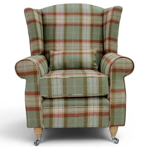Arnold Wool Tweed Wing Chair Fireside High Back Armchair Skye Agate Check Tartan