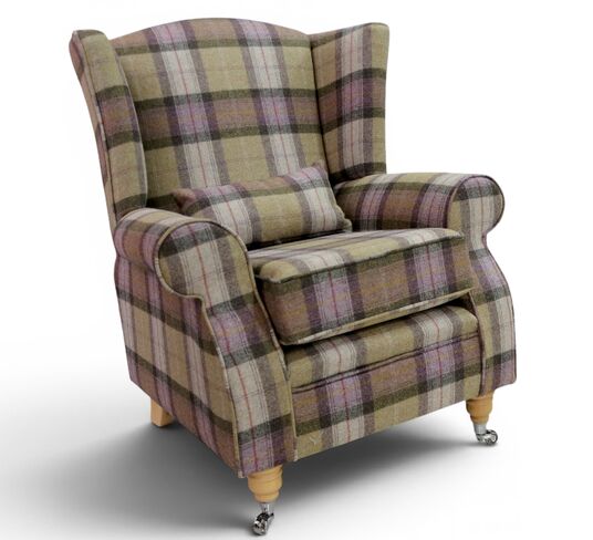 Arnold Wool Tweed Wing Chair Fireside High Back Armchair Skye Moonstone Check Tartan