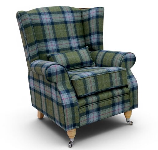Arnold Wool Tweed Wing Chair Fireside High Back Armchair Skye Olivine Check Tartan