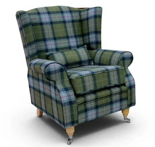 Arnold Wool Tweed Wing Chair Fireside High Back Armchair Skye Olivine Check Tartan