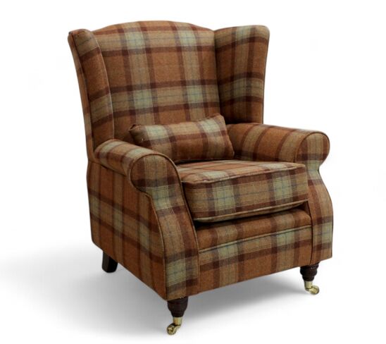 Arnold Wool Tweed Wing Chair Fireside High Back Armchair Skye Rust Check Fabric