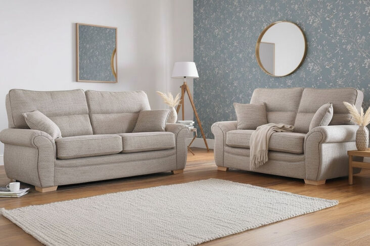 Buy beige fabric sofa Suite|Fixed Back | High Back Rest | DesignerSofas4U