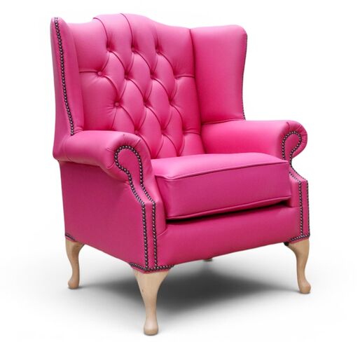 Chesterfield Mallory Queen Anne High Back Wing Chair Vele Fuchsia Pink Leather