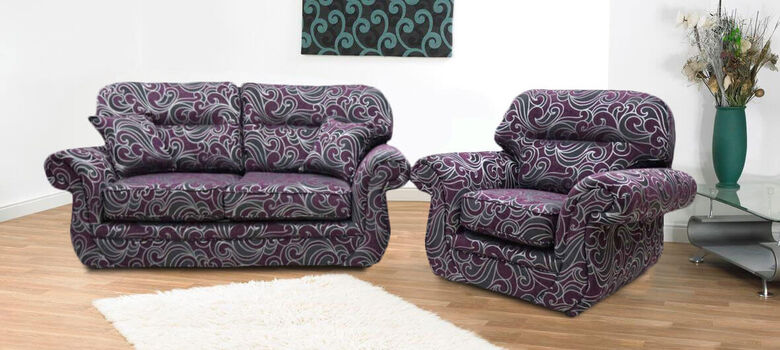 Claremont 3 Seater + Armchair + Armchair Fabric Sofa Suite Figaro Grape Pattern | DesignerSofas4U