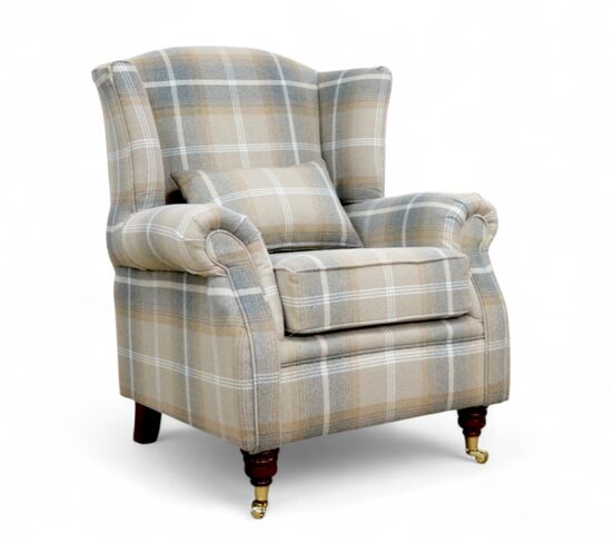 Wing Chair Fireside High Back Armchair Balmoral Antique Gold Check Fabric P&S Tartan | Beige & Grey Plaid | Elegant Lounge Chair with Wooden Legs