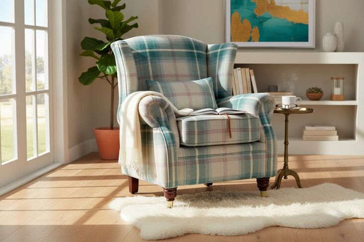 Classic Wingback Armchair in Balmoral Teal Tartan | Beige & Green Plaid | Classic Plaid Accent Chair for Living Room