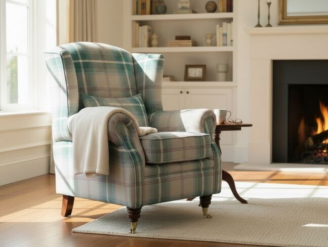 Classic Wingback Armchair in Balmoral Teal Tartan | Beige & Green Plaid | Classic Plaid Accent Chair for Living Room