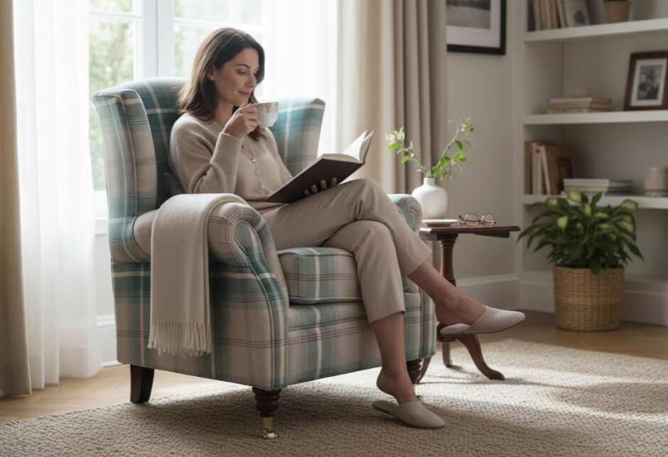 Classic Wingback Armchair in Balmoral Teal Tartan  Beige & Green Plaid live